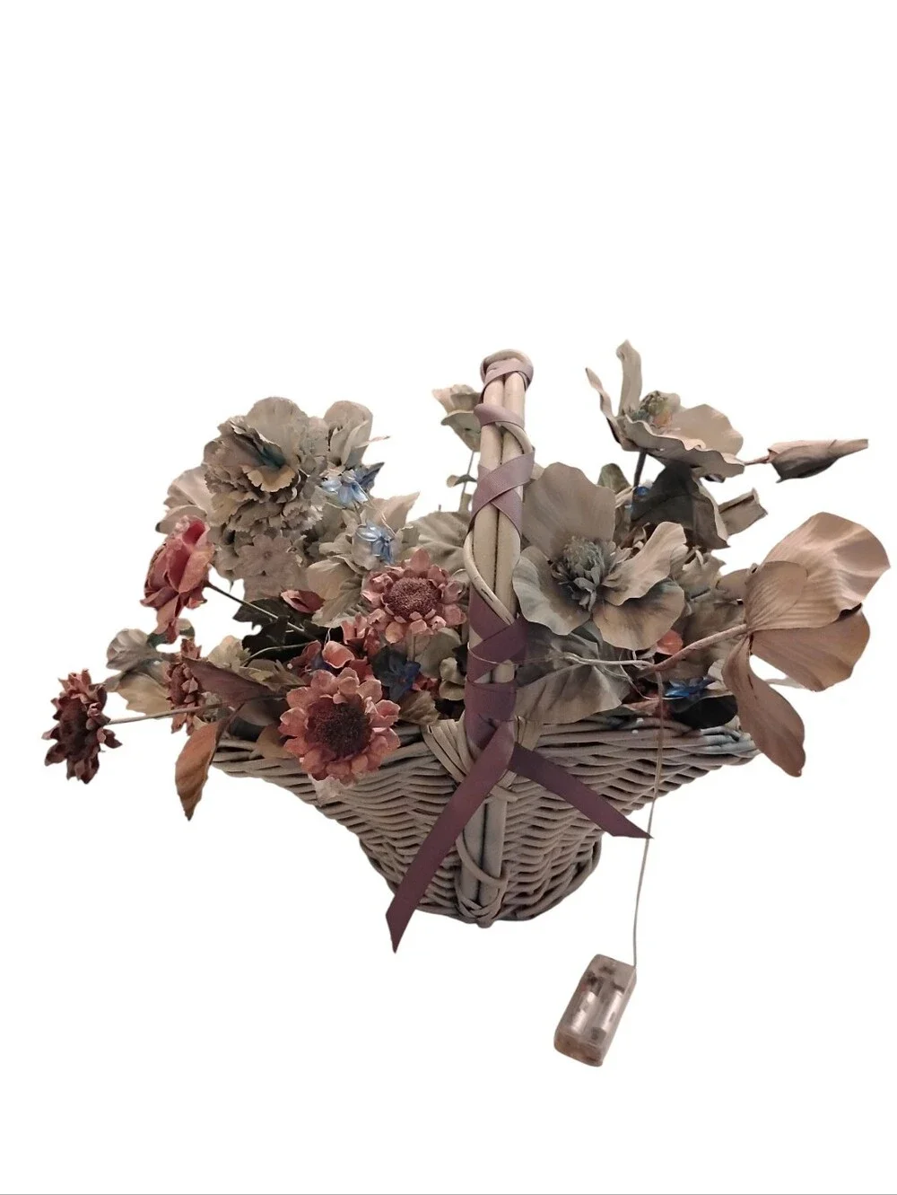 Decorative Faux Flower Basket in Blush and Taupe With A Ribbon And Lights String